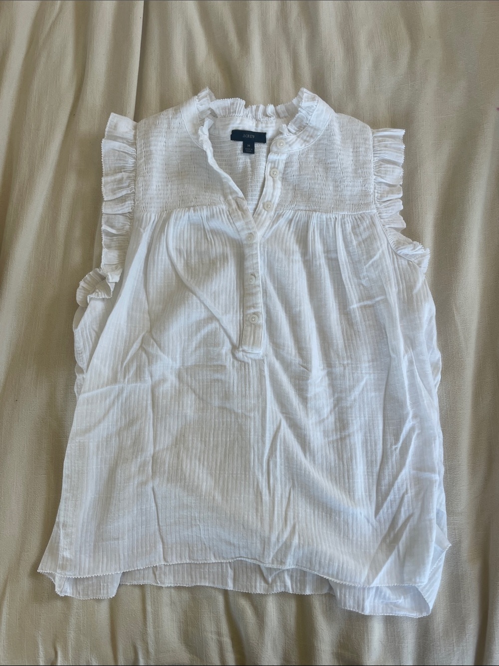 J. Crew White Ruffled Sleeveless Blouse